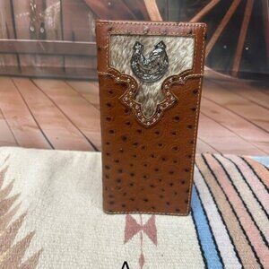 Full Quill Ostrich Print Leather Checkbook Wallet with Rooster Concho